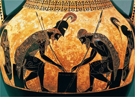 Ахилл и Аякс, играющие в кости. Эксекий. Фрагмент росписи чернофигурной амфоры. III четверть VI в. до н. э. Рим, Ватикан