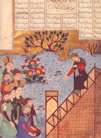 Чингис-хан говорит с народом в мечети Бухары в 1220 (Ширазская миниатюра, 1397-1398 г.)